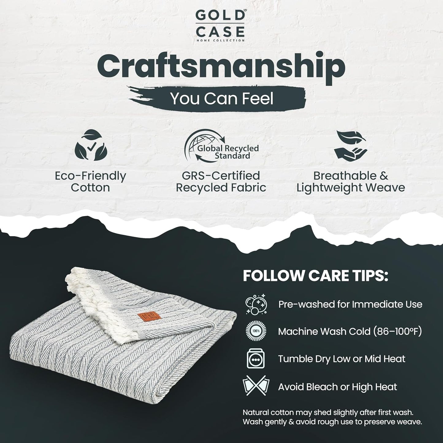 Gold Case Throw Blanket for Couch - 100% Recycled Turkish Cotton Blankets & Throws - Vintage Soft Throw Blankets for Living Room - Boho Decorative Woven Couch Blanket - 60x80 - Grey