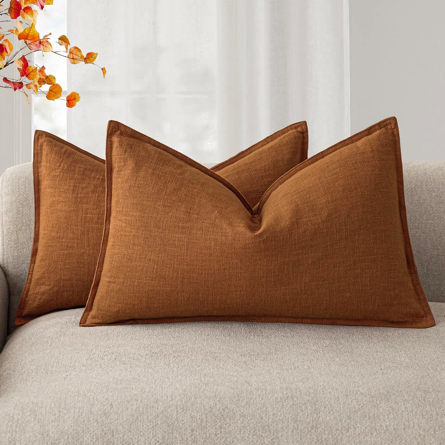 Foindtower Pack of 2, Decorative Linen Soild Throw Pillow Covers Soft Accent Lumbar Cushion Case Farmhouse Pillowcase for Chair Couch Sofa Bedroom Living Room Home Decor 12 x 20 Inch Autumn Orange