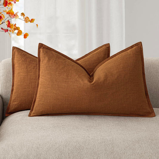 Foindtower Pack of 2, Decorative Linen Soild Throw Pillow Covers Soft Accent Lumbar Cushion Case Farmhouse Pillowcase for Chair Couch Sofa Bedroom Living Room Home Decor 12 x 20 Inch Autumn Orange