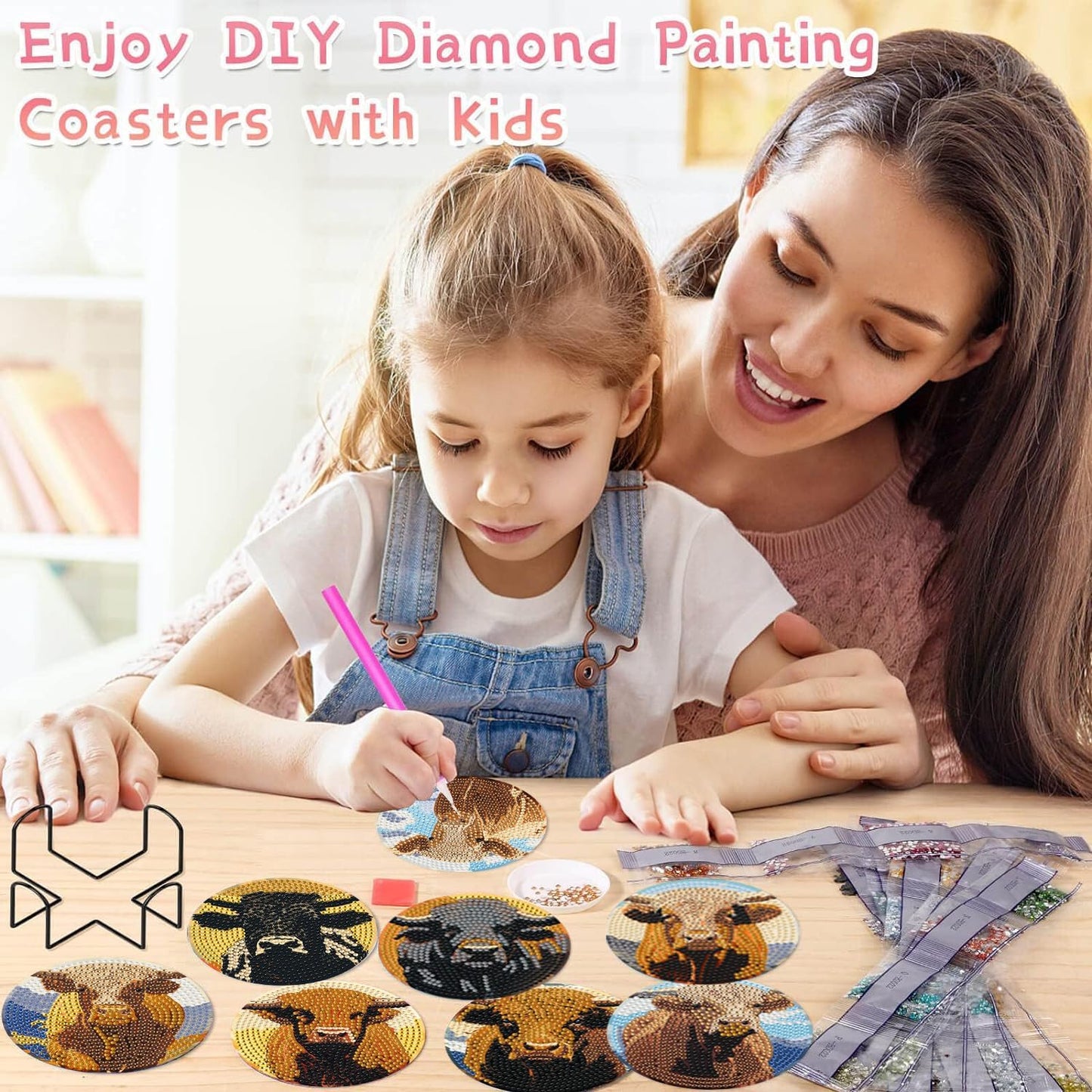 Leatrice 8PCS Cow Diamond Art Coasters Small Diamond Painting Kits for Adults Beginners Women Gem Art Coasters with Holder Funny DIY Crafts for Home Decor