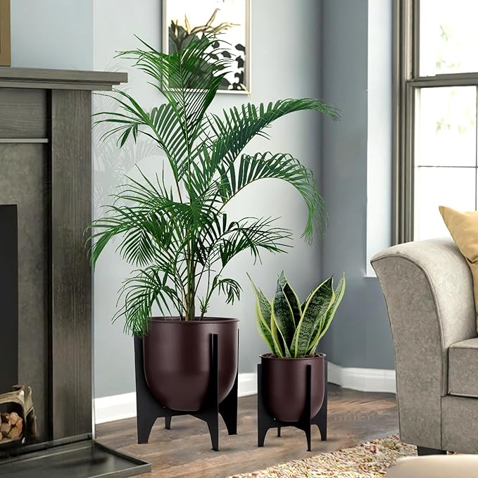 TRIROCKS Set of 2 Planters with Stand Indoor Outdoor Metal Plant Stand 11 &8.5" H Modern Planters Flower Pots for Living Room Corner Kitchen Office Garden Balcony Patio Decor (Brown)