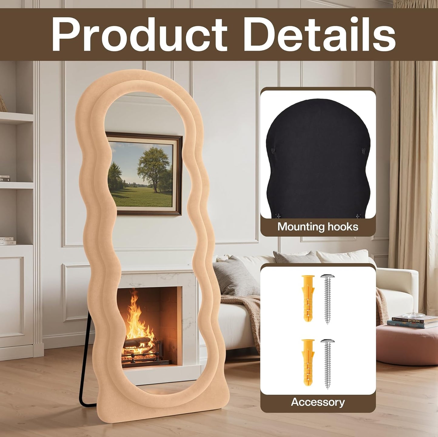 Full Length Mirror 71"x30" Irregular Wavy Full Body Wall Mounted Floor Mirror with Stand Milk Tea Flannel Frame Leaning Hanging Wall for Bedroom Entrance Hallway