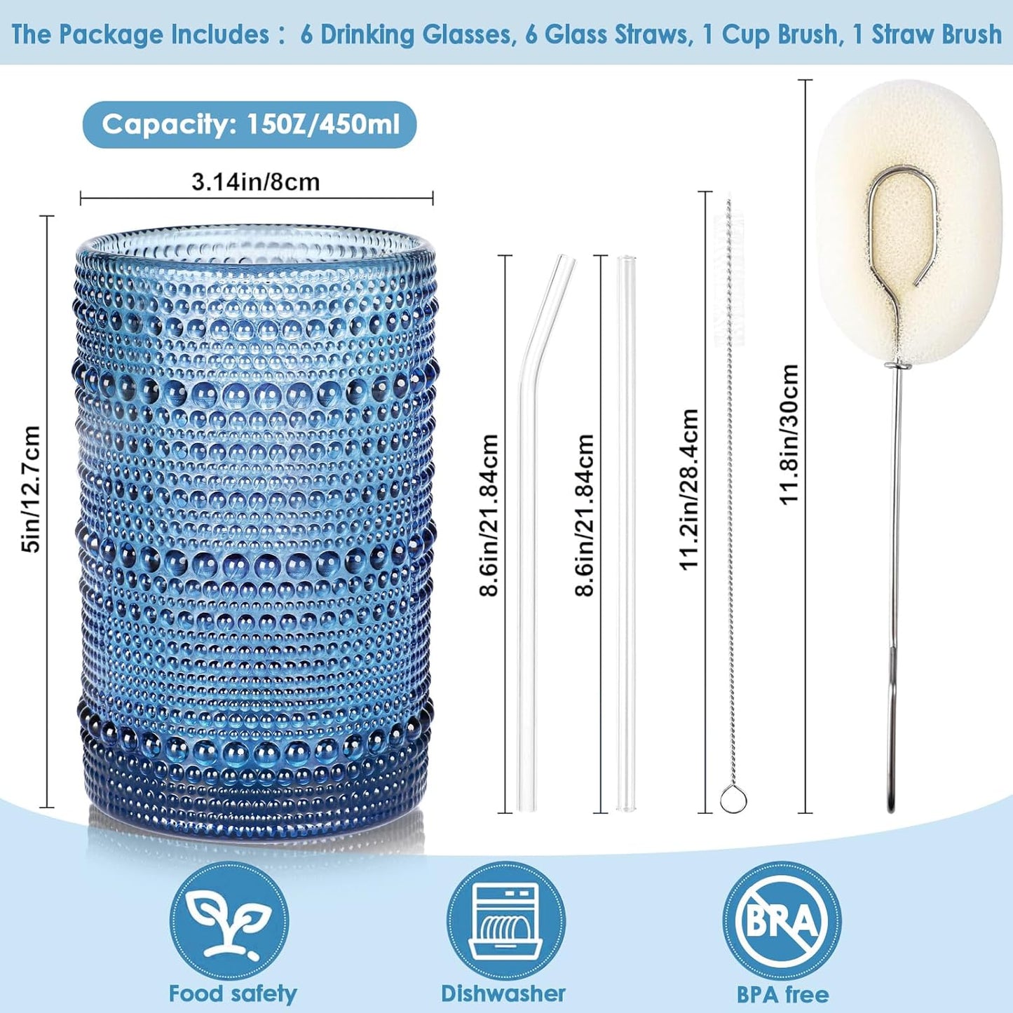 Large Hobnail Drinking Glasses Set of 6,15oz Blue Vintage Glassware,Embossed Glass Cups,Water Tumbler,Highball Glasses For Beer, Juice And Various Mixed Drinks