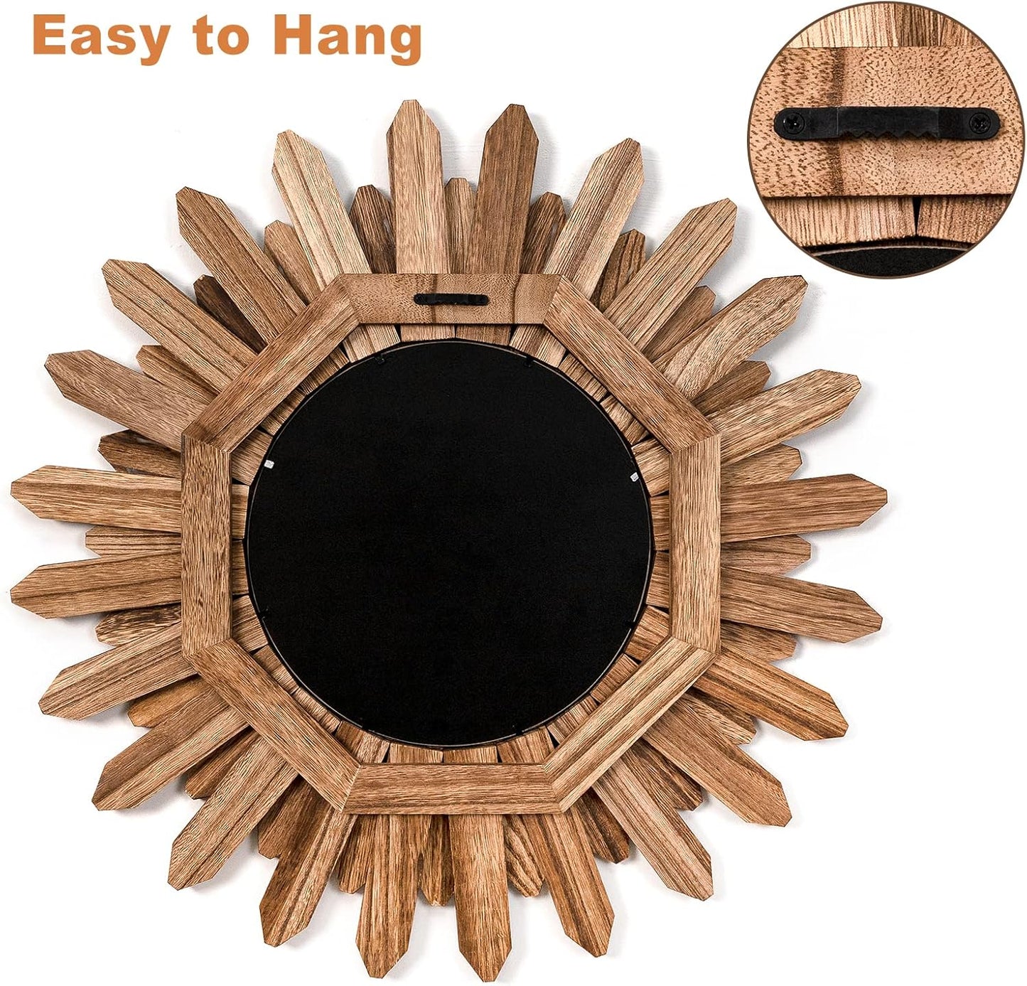 Emfogo Wall Mirror 21 inch Rustic Wood Farmhouse Mirror Sunburst Boho Mirror Wall Decor Room Decor Home Aesthetic Decor for Bedroom Living Room Entryway (Carbonized Black)