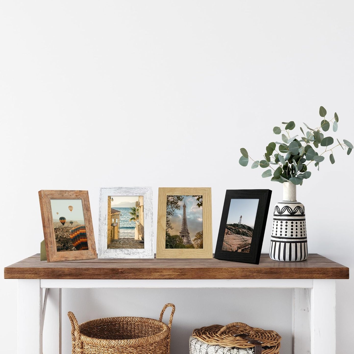 iRahmen 5x7 Picture Frame Set of 4, High Definition Real Glass 5 x 7 Photo Frames for Desktop Display and Wall Mounting(Distressed White+Oak+Rustic Brown+Black)