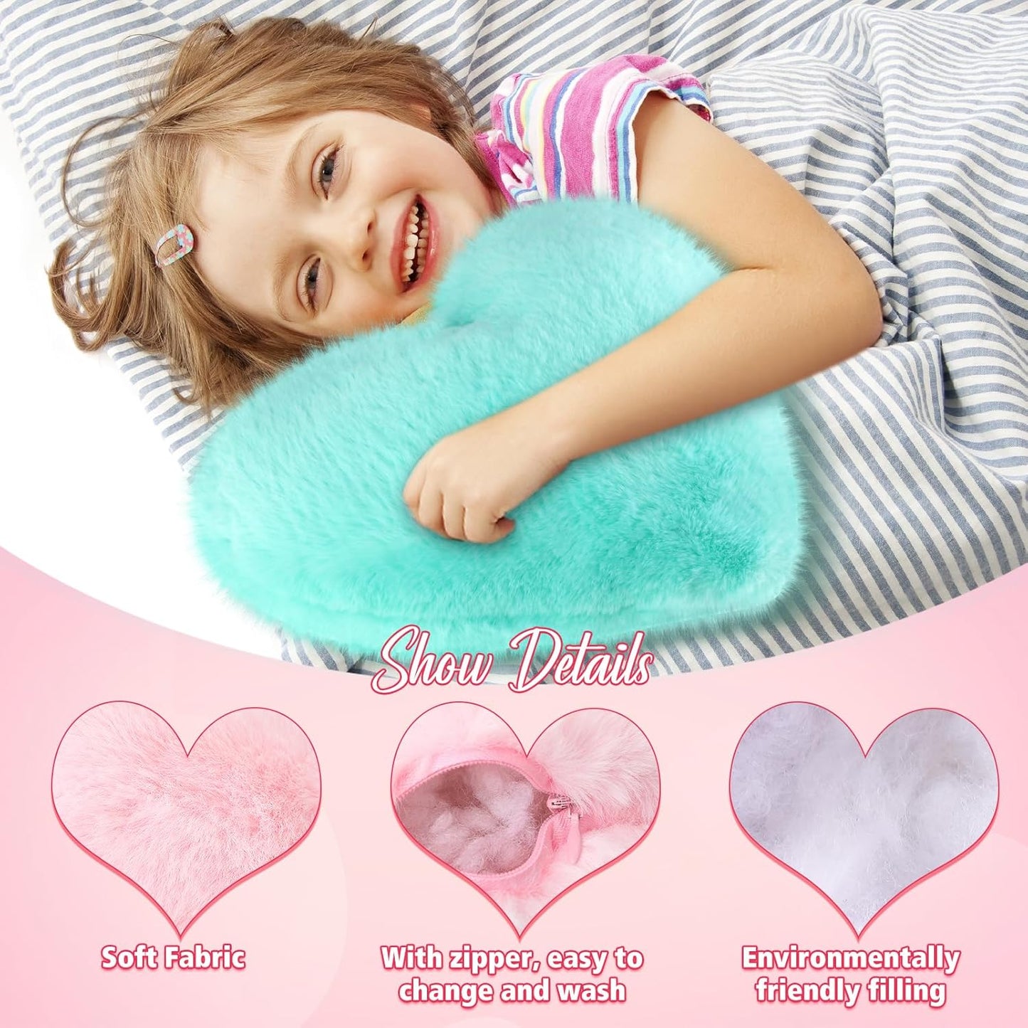 Liliful 6 Pcs Faux Rabbit Fur Heart Pillows Helloween Fluffy Heart Throw Pillows Christmas Cute Couch Cushion Soft Decorative Throw Cushion for Bed Sofa Girls Women(17 x 14 Inch,Candy Color)