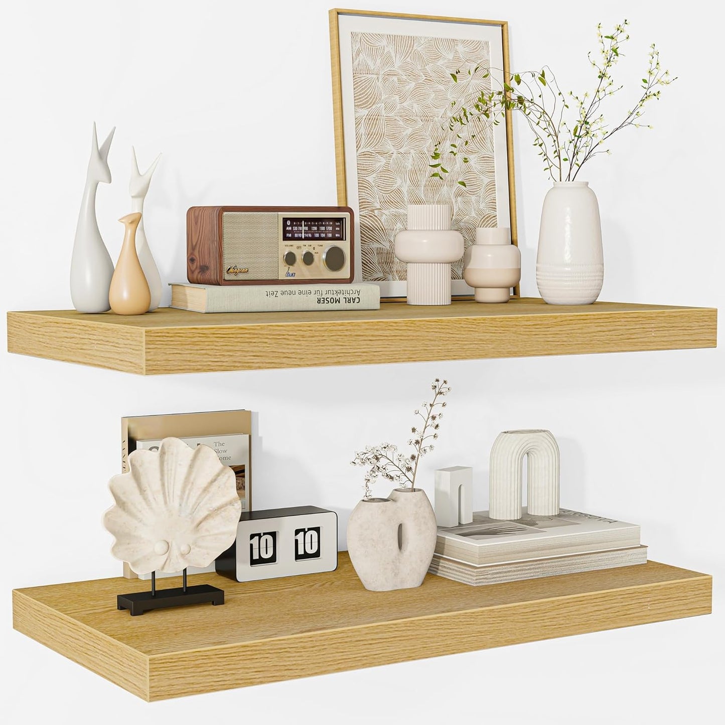 Fun Memories Floating Shelves - 2 Pack 12 Inch Deep Rustic Wooden Wall Shelves - Extra Deeper & Thicker Wall Mounted Storage Shelf for Living Room, Kitchen, Farmhouse - 24" W x 12" D x 1.5" H - Oak