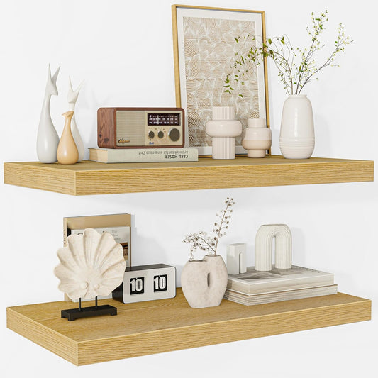 Fun Memories Floating Shelves - 2 Pack 12 Inch Deep Rustic Wooden Wall Shelves - Extra Deeper & Thicker Wall Mounted Storage Shelf for Living Room, Kitchen, Farmhouse - 24" W x 12" D x 1.5" H - Oak