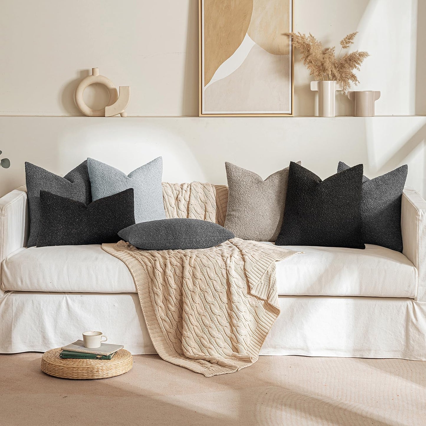 MIULEE 18x18 Inch Decorative Pillow Covers for Couch Bed Set of 2 Textured Boucle Neutral Winter Throw Pillows Halloween Black Accent Solid Cushion Pillowcases Sofa Livingroom Home Decor