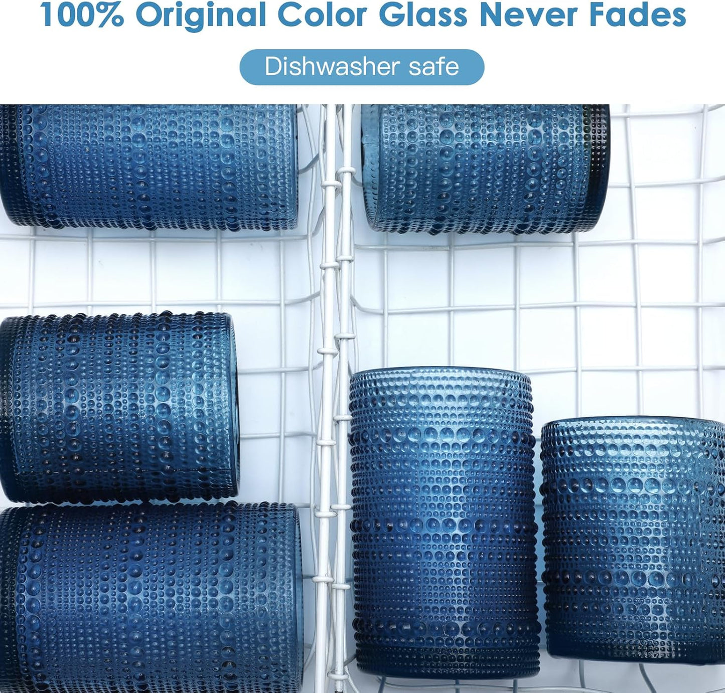 Hobnail Drinking Glasses Set of 6,12oz Blue Vintage Glassware,Cocktail Glasses,Embossed Glass Cups,Water Tumbler for Whiskey, Juice and Various Mixed Drinks