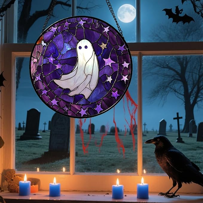 Stained Glass Window Hanging - Halloween Decoration Purple Star White Ghost Suncatcher for Doors Garden Indoor Spooky Sun Catchers Gothic Decor Horror Gifts for Women Men Friend 15 in