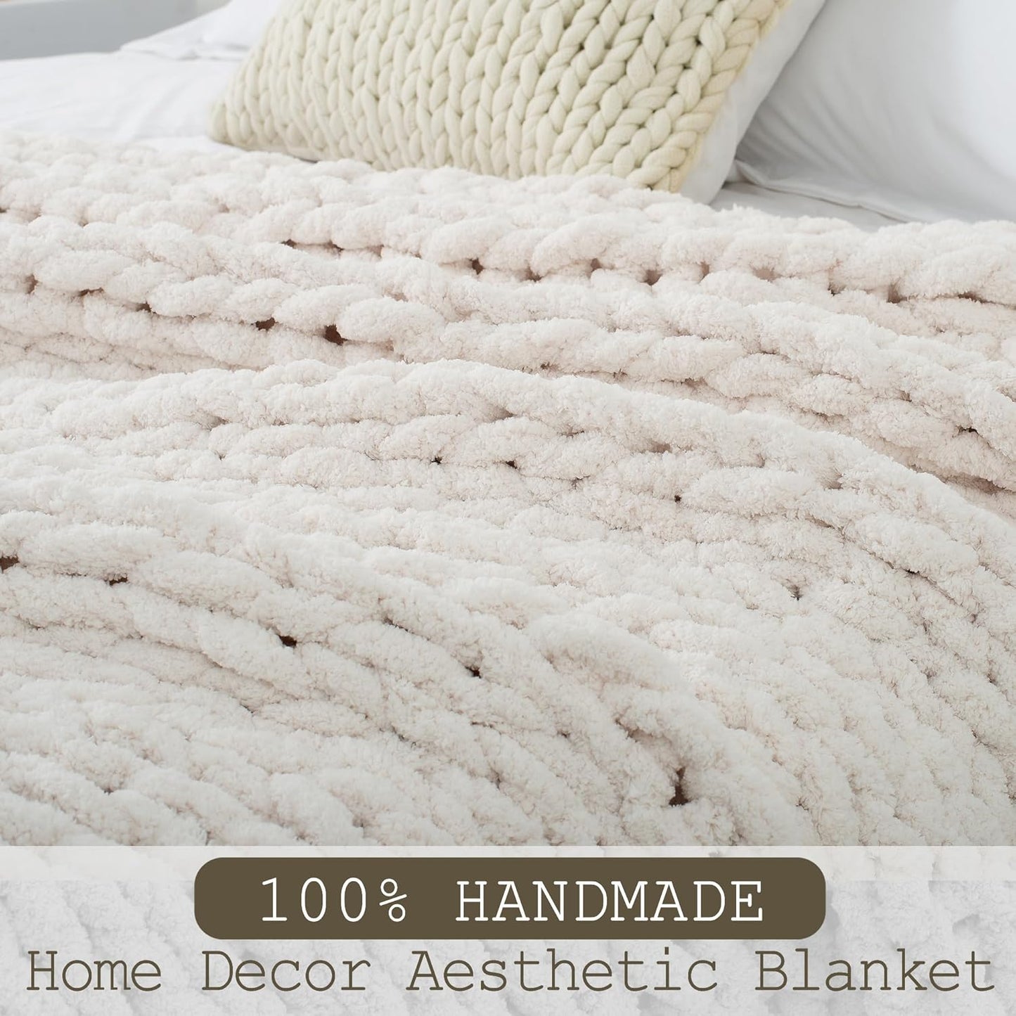 Chunky Knit Throw Blanket 60"X 80", 100% Handmade with Soft Chenille Yarn, 6.7lbs Thick Cable Knitted Blankets, Large Rope Knot Crochet Throws for Couch Sofa Bed Home Decor, Cream White
