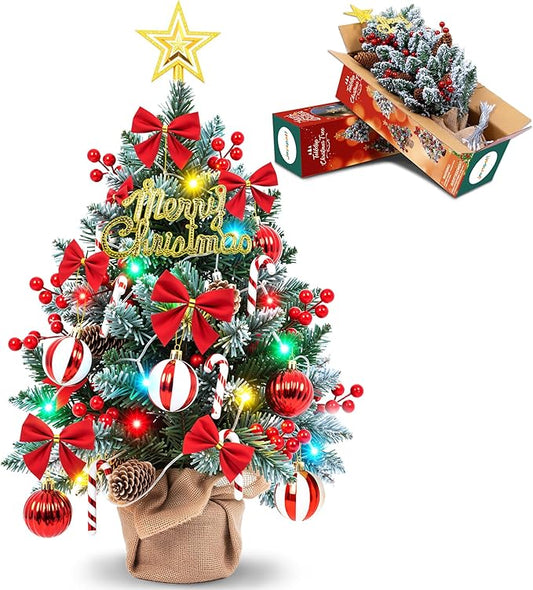 2FT Tabletop Mini Christmas Tree with Colorful LED Lights,DIY Ornaments,24 Inch Small Artificial Pine Tree with Star Topper, Battery Operated Desktop Xmas Tree for Home Office Holiday Decorations Gift