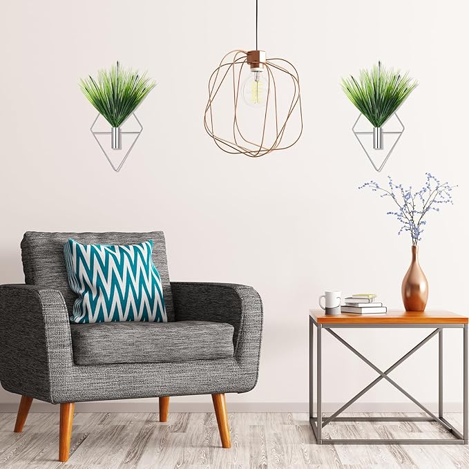 2 Pieces Wall Decor Hanging Planters with Artificial Plants Metal Hanging Vase Indoor Plants Holder Modern Boho Wall Art for Bathroom Bedroom Living Room Decor(Silver,Aquatic Plant)