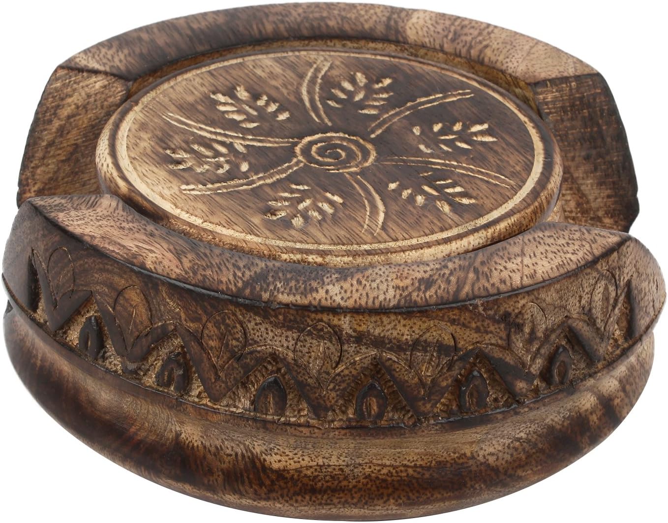 GoCraft Wooden Coasters Set of 6 | Handmade Drink Coasters with Lotus Shaped Holder in Rustic Wood Design Carving