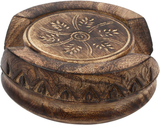 GoCraft Wooden Coasters Set of 6 | Handmade Drink Coasters with Lotus Shaped Holder in Rustic Wood Design Carving