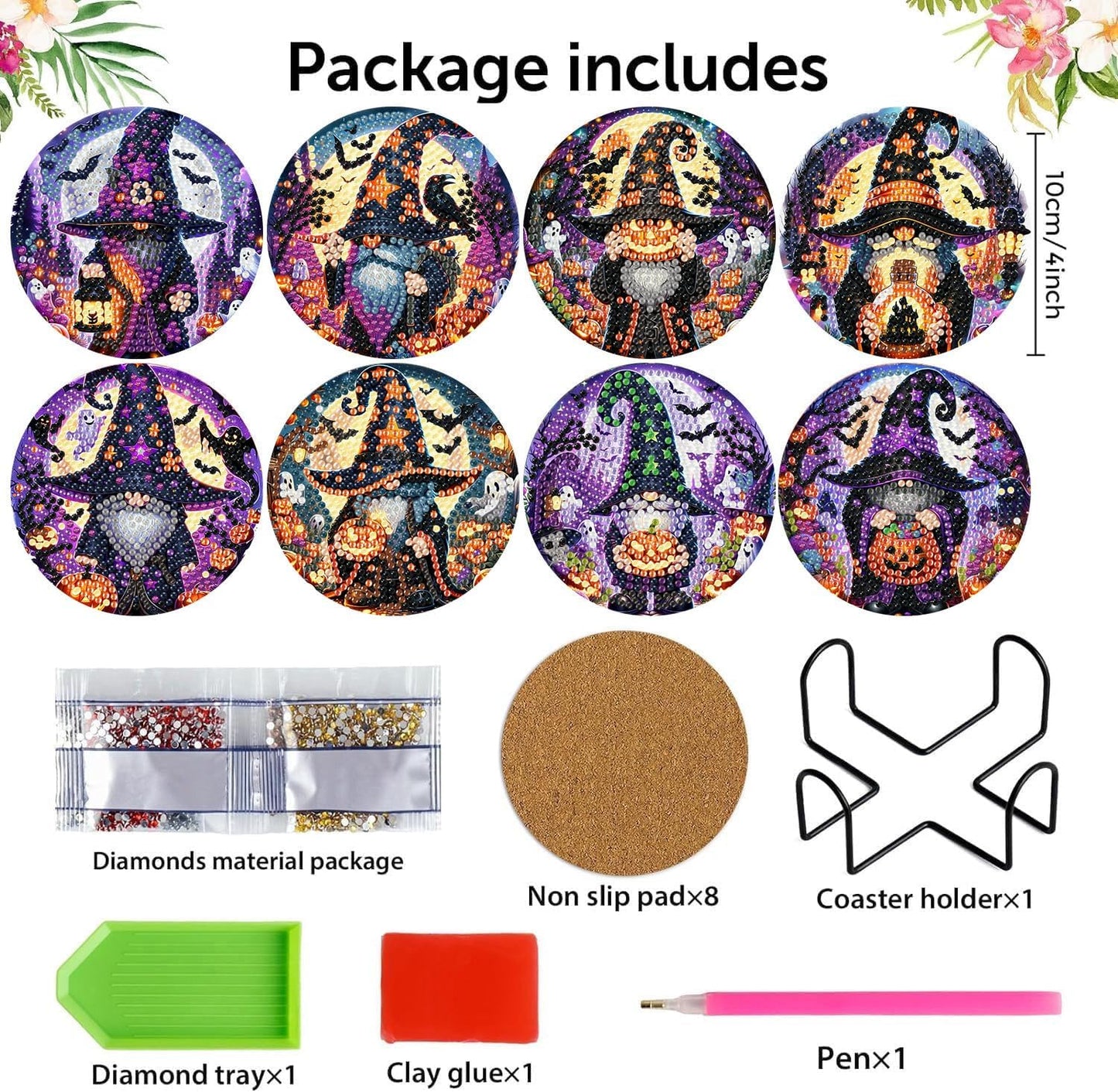 Meothan 8 Pcs Halloween Diamond Art Coasters Kits for Aldults with Holder Cork Pads, DIY Gnomes Diamond Dots Painting Coasters Crafts Kits for Home and Office Decor Gifts 4x4in