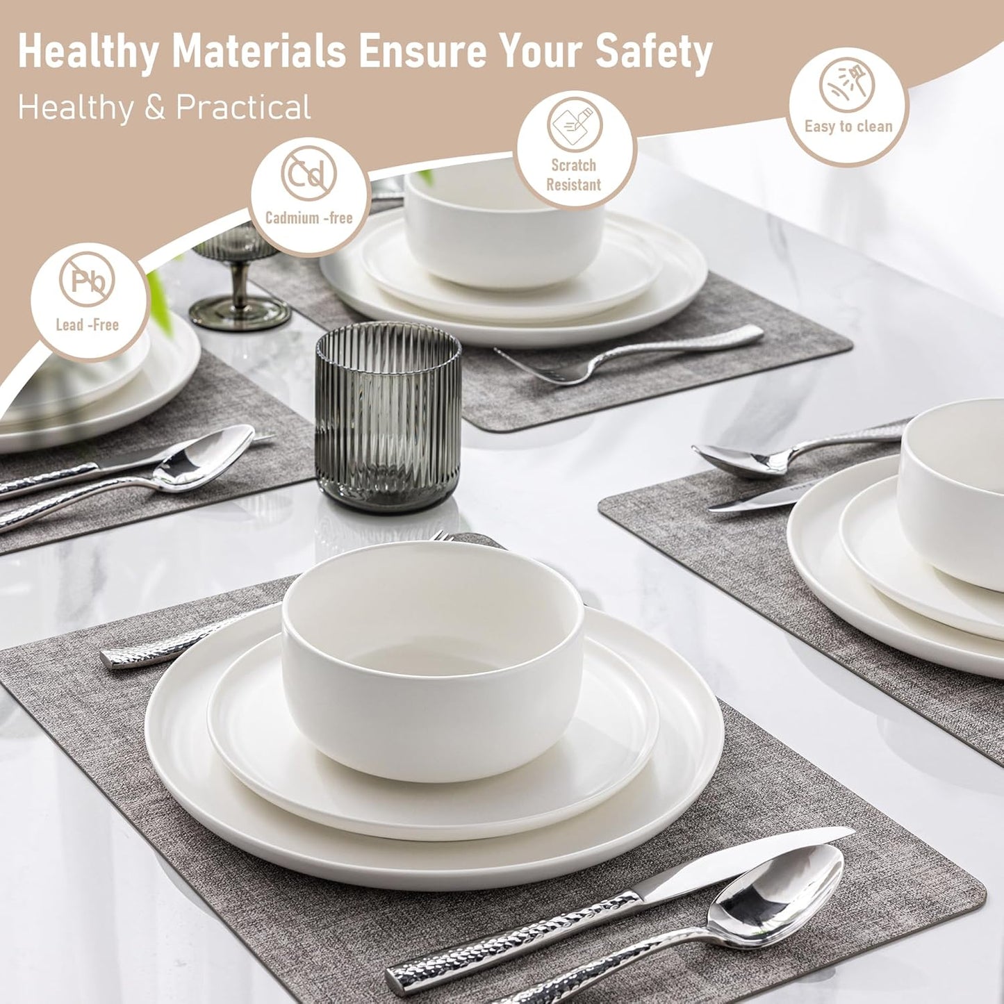 LERATIO Stoneware Dinnerware Sets for 4,Handcarft Ceramic Plates and Bowls Sets,Chip and Scratch Resistant Dishes, Dishwasher & Microwave Safe, Oven safe,Reactive Glaze-White