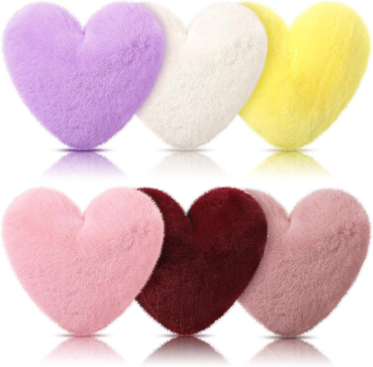 Liliful 6 Pcs Faux Rabbit Fur Heart Pillows Helloween Fluffy Heart Throw Pillows Christmas Cute Couch Cushion Soft Decorative Throw Cushion for Bed Sofa Girls Women(12 x 11 Inch,Bright Color)