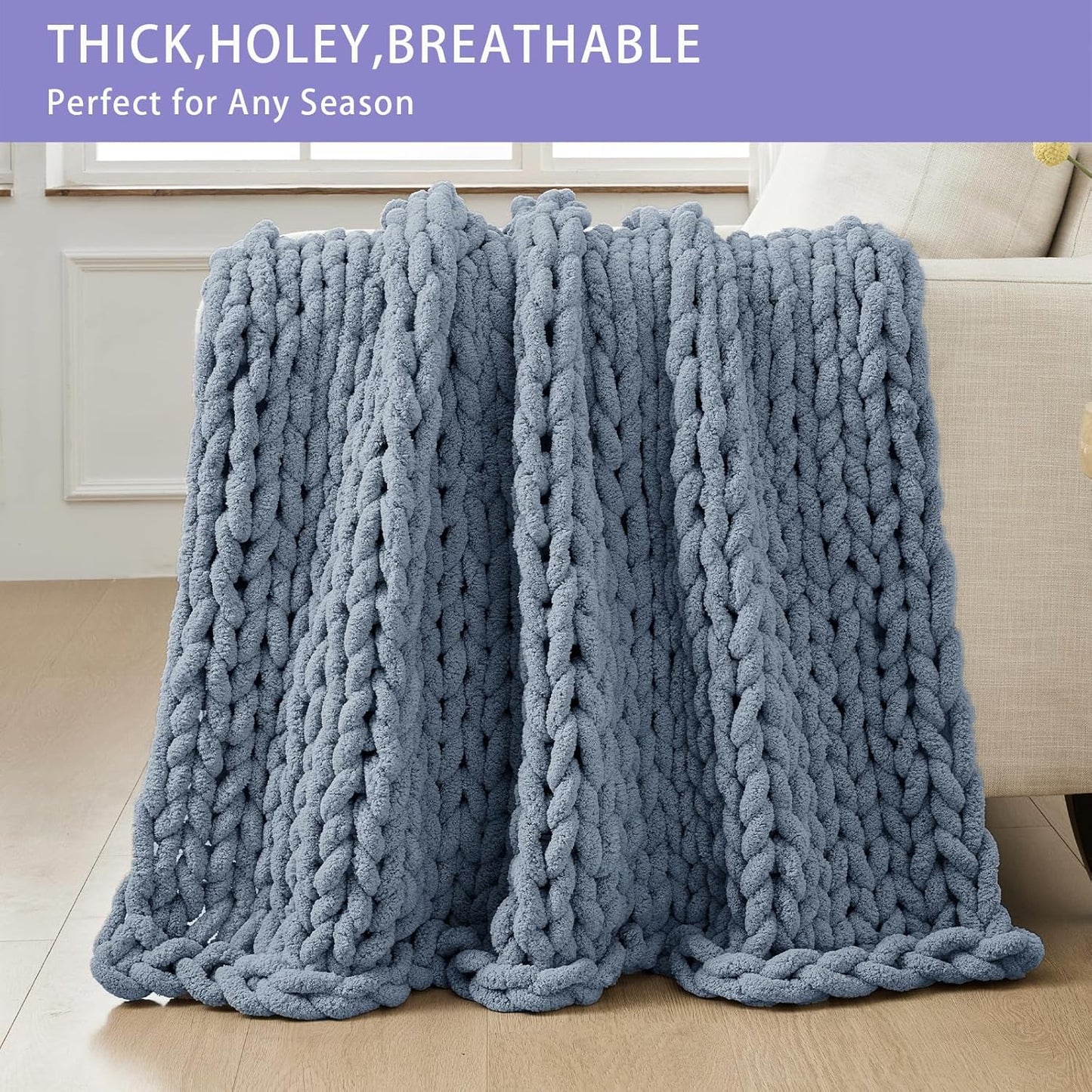 Bigacogo Chunky Knit Throw Blanket for Couch, 40x60 inches, 100% Hand Knitted with Thick Jumbo Chenille Yarn, Cozy Soft Large Rope Knot Cable Crochet Blankets for Sofa Bed Living Room, Cold Sea Blue