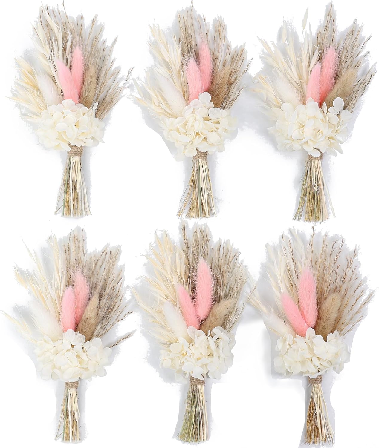 Mini Dried Flower Bouquet (Pack of 6), Dried Flower Bouquet for Bohemian Wedding Table Centerpieces, Dried Pampas Grass. (Blush)
