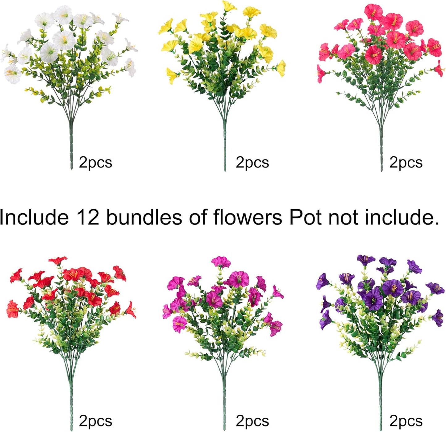 HyeFlora Artificial Flowers for Outdoors Fake Plants Outside Decoration, 12 Bundles Silk Colorful Morning Glory with Eucalyptus UV Resistant Realistic Faux Flowers for Planter Porch Patio Yard Garden