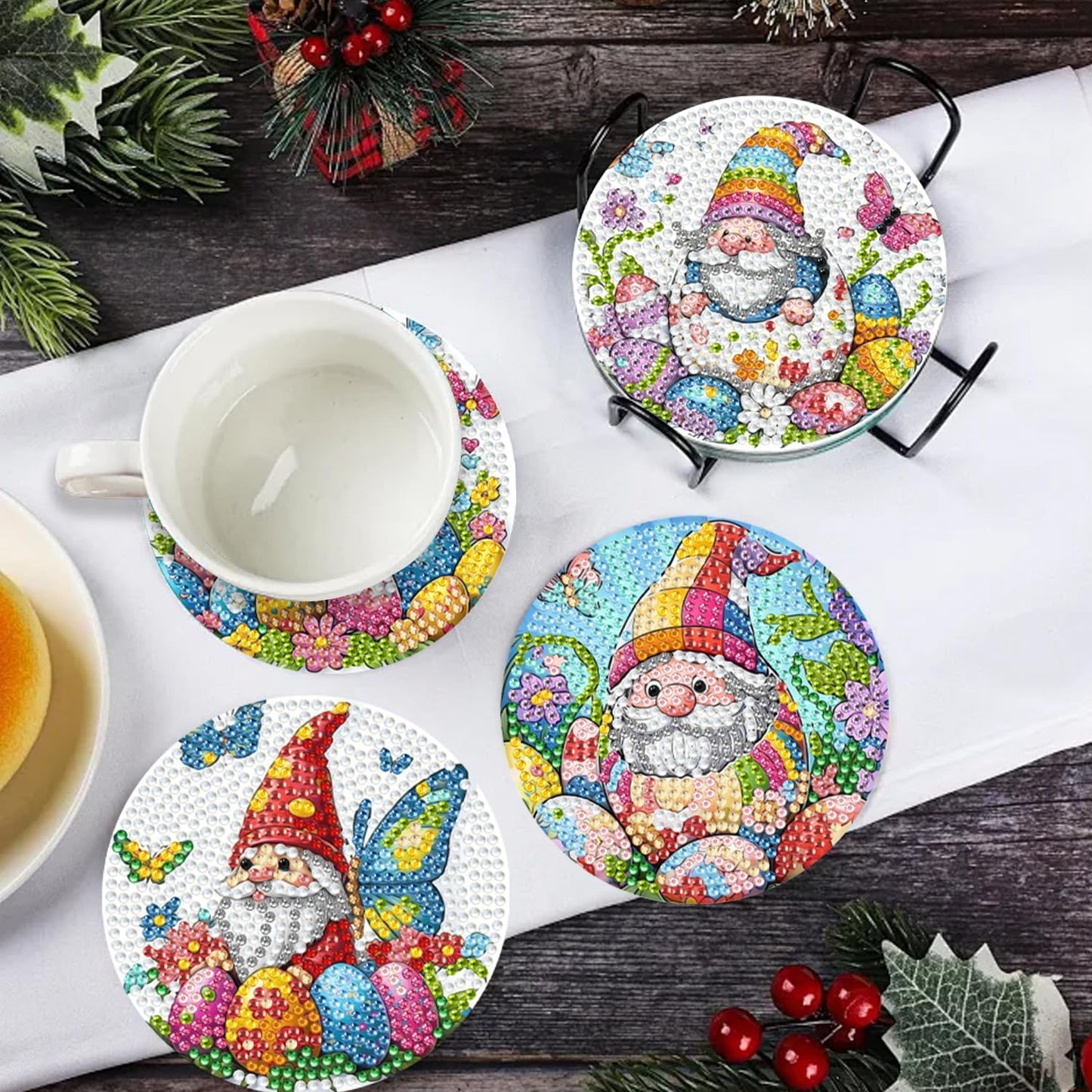 DOZEEZOP 8 PCS Diamond Art Coasters Kit, Diamond Painting Coasters with Holder, Fall Diamond Art Kits for Adults Beginners, Arts and Crafts Supplies Party Item Sets The Cute Gnome