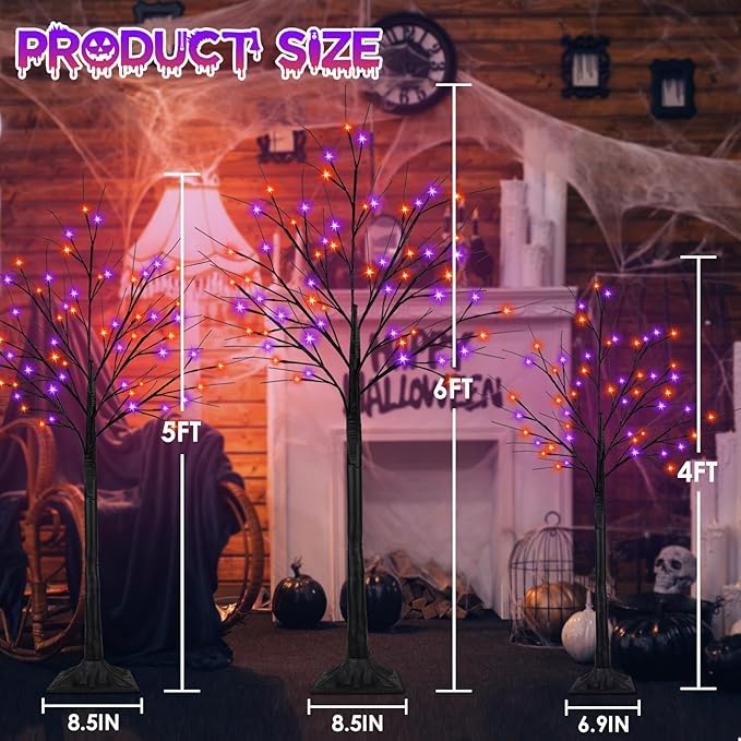 3-Pack 4FT 5FT 6FT Lighted Black Halloween Tree with Orange and Purple Lights (Higher Size and Floor Standing), Halloween Decorations Spooky Tree with Timer for Indoor Outdoor, Home Holiday Party
