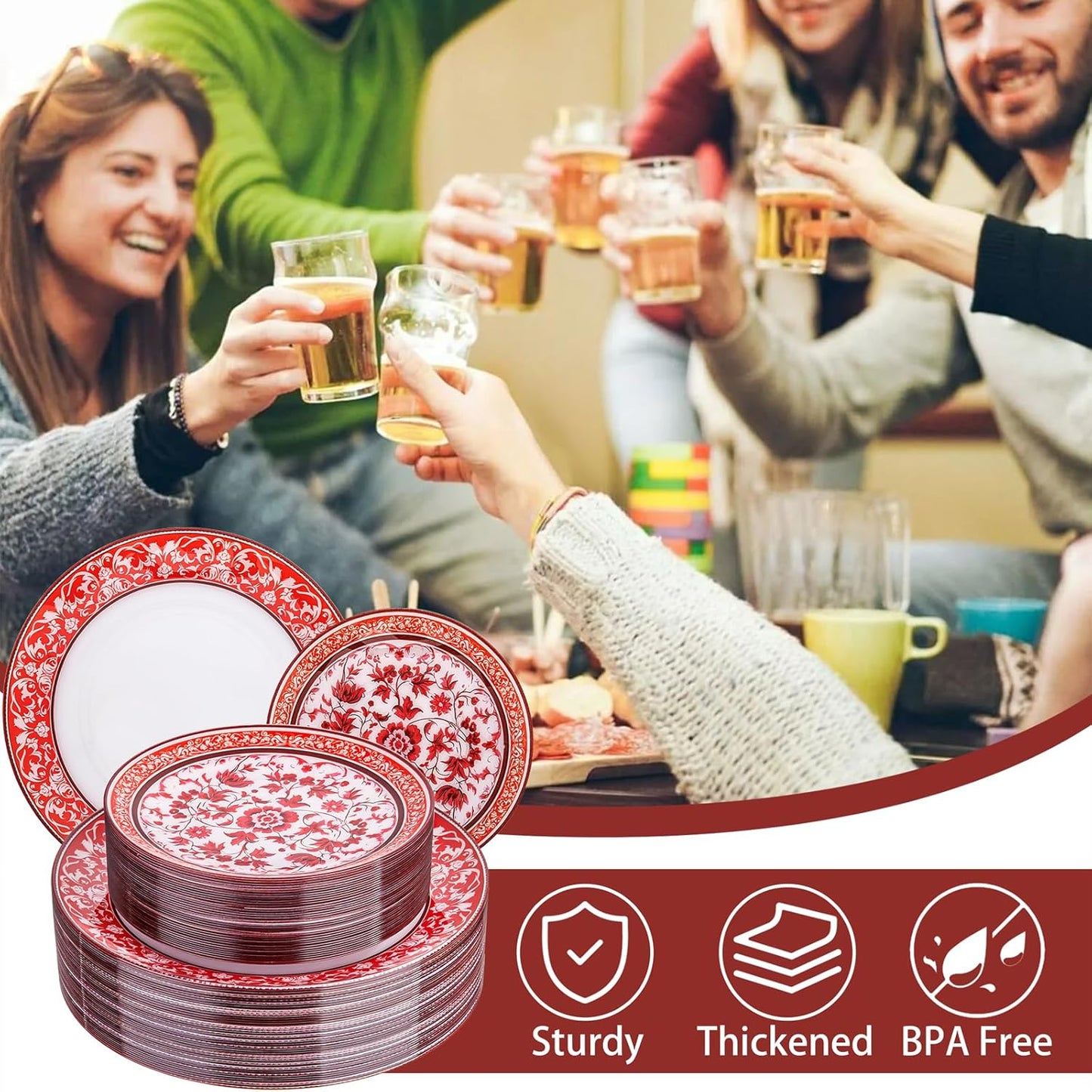 Hioasis 60pcs Red Plastic Plates Set - Floral Red & White Porcelain Design, 10.25" Dinner & 7.5" Dessert Plates Disposable for Wedding/Party (Dishwasher Safe, Art Style)