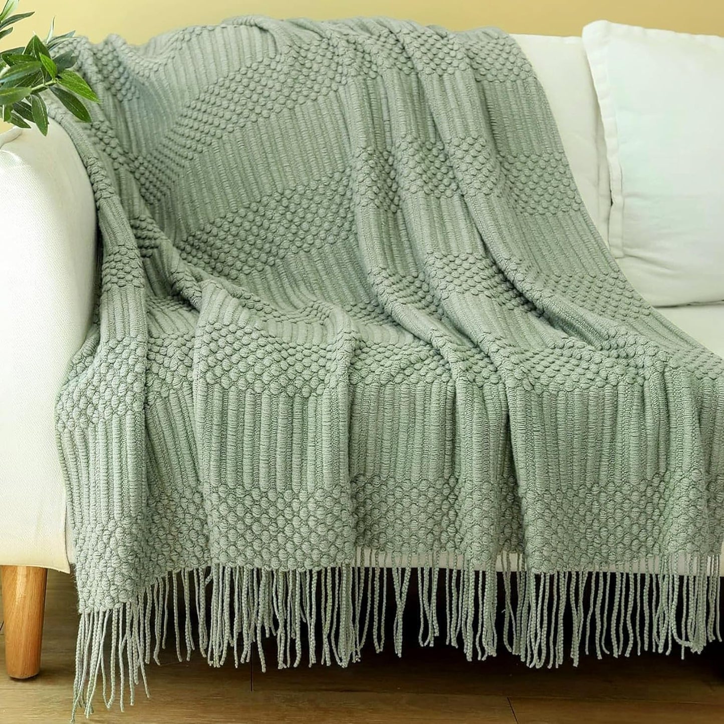 Blagic Knitted Throw Blanket for Couch, Bed and Sofa. Super Soft Blanket with Tassels, Sage Green Throw Blanket, 50 x 60 Inches Lightweight & Cosy Home Decor