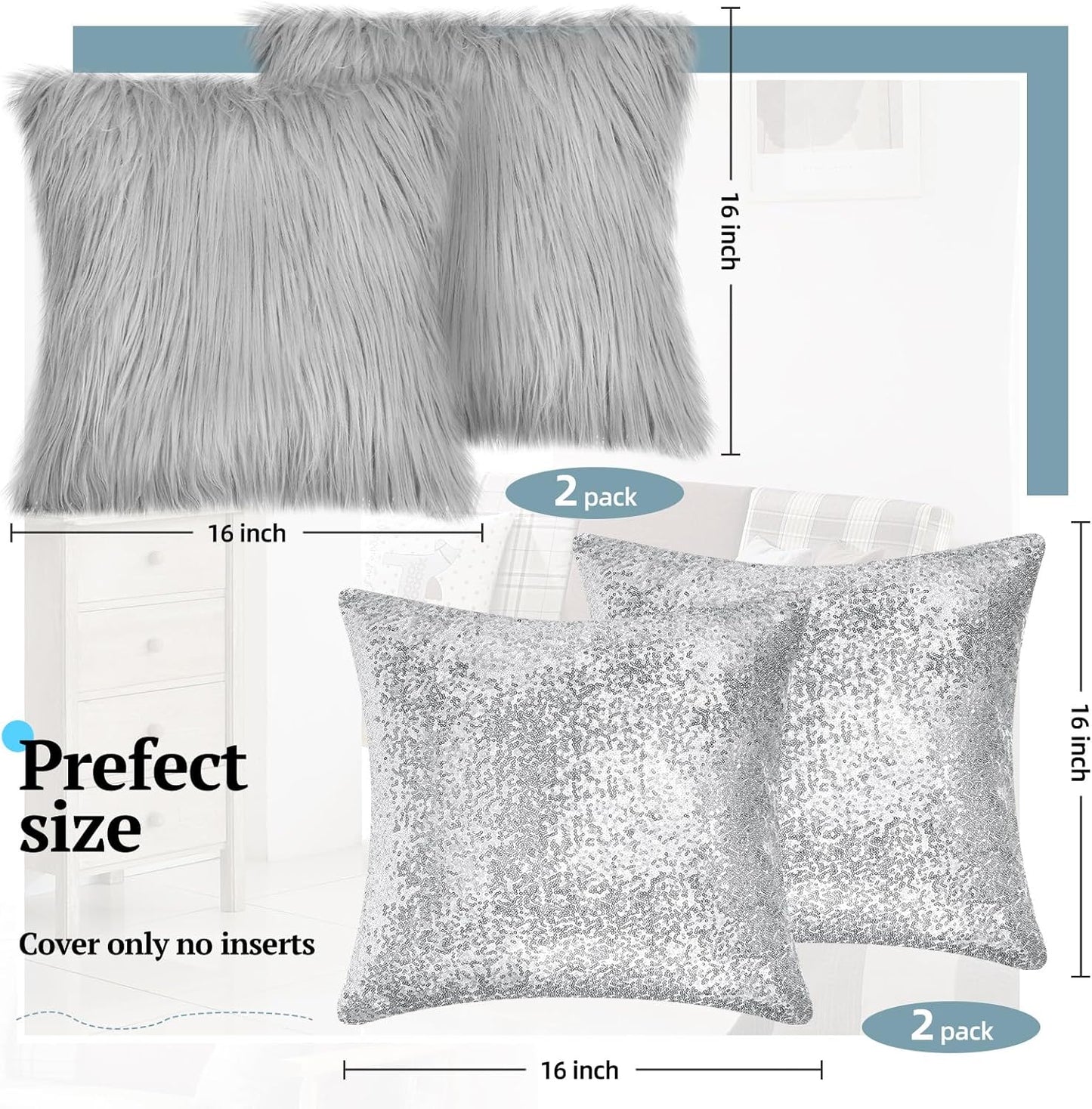 Irenare 4 Pcs Sequin and Fluffy Pillow Covers Winter Throw Pillow Cases Soft Cushion Cover for Couch Bed Sofa Xmas Day(18 x 18 Inch,Silver, Gray)