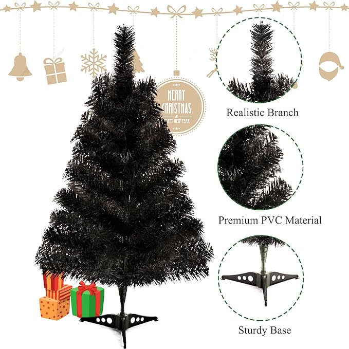 2FT Artificial Christmas Tree Black Tabletop Christmas Tree with Plastic Stand Mini Xmas Pine Tree for Party Supplies Indoor Outdoor Holiday Home Decoration(Black)