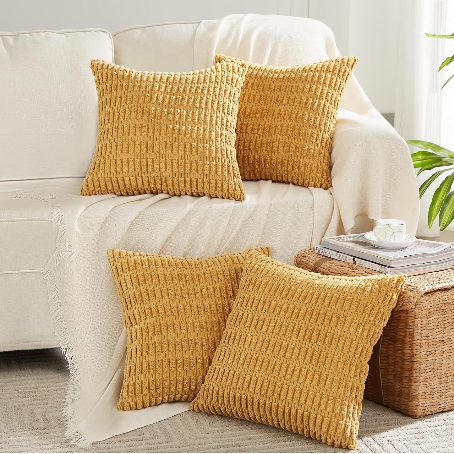 Fancy Homi 4 Packs Mustard Yellow Decorative Throw Pillow Covers 18x18 Inch for Living Room Couch Bed Sofa, Rustic Farmhouse Boho Home Decor, Soft Plush Striped Corduroy Square Cushion Case 45x45 cm