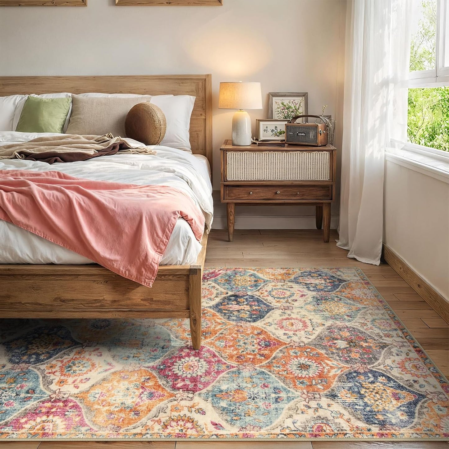 Lahome Moroccan Trellis Washable Area Rugs 5x7, 5x7 Area Rugs for Living Room Bedroom, Indoor Non-Slip Large Oriental Accent Throw Carpet for Kitchen Entryway Bathroom Office, Cream/Multi