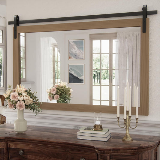Large Brown Bathroom Mirror, Farmhouse Horizontal Rustic Square Mirror for Wall Wood Framed Vanity Mirrors, Barn Door Style Decor Living Room Entryway Bedroom Mirrors, 40x26INCH