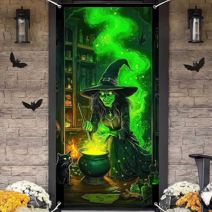Halloween Door Cover 71x35 Inch Green Witch Black Cat Potion Room Hanging Banner Spooky Halloween Door Banner for Indoor Front Porch Wall Haunted House Party Decor