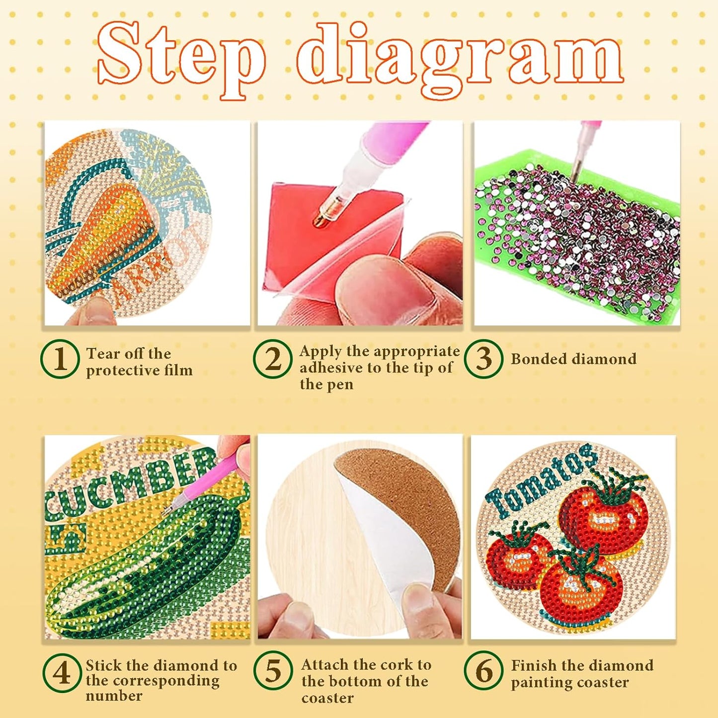 DOTSOPS 6Pack Diamond Painting Coaster with Holder 5D Diamond Art Kits for Adults Round Full Drill Beginners Gem Dots Craft Arts Supplies Party Home Decor Vegetable