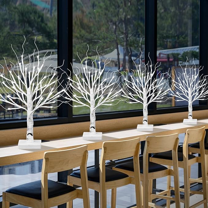 4pcs 36LED Lighted Birch Tree Home Decor - White Birch Tree with Lights Money Tree Wedding Centerpieces Artificial Branches Table (White)