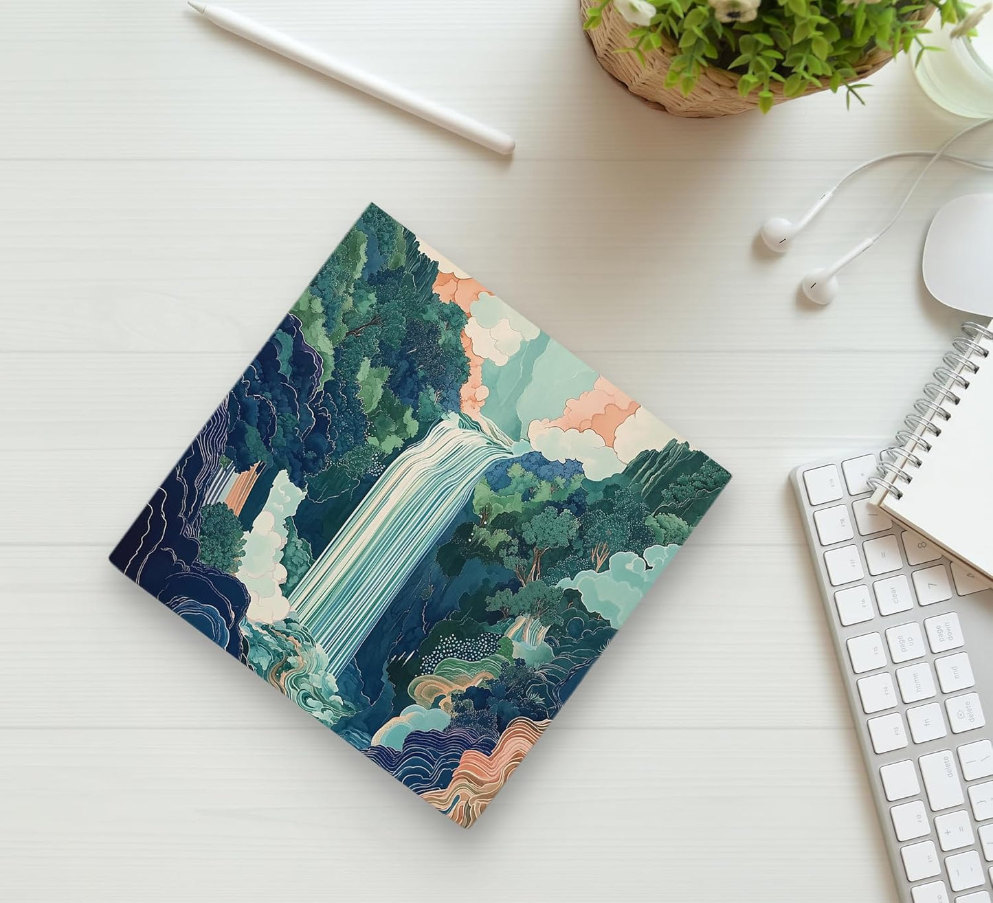 Ku-Dayi Blue and Green Waterfall Abstract Wooden Box Sign, Mountain River Forest Wood Box Decorations for Home Office, Nature Japanese Forest Landscape Wooden Block Plaque Desk Shelf Decor 5x5 Inch