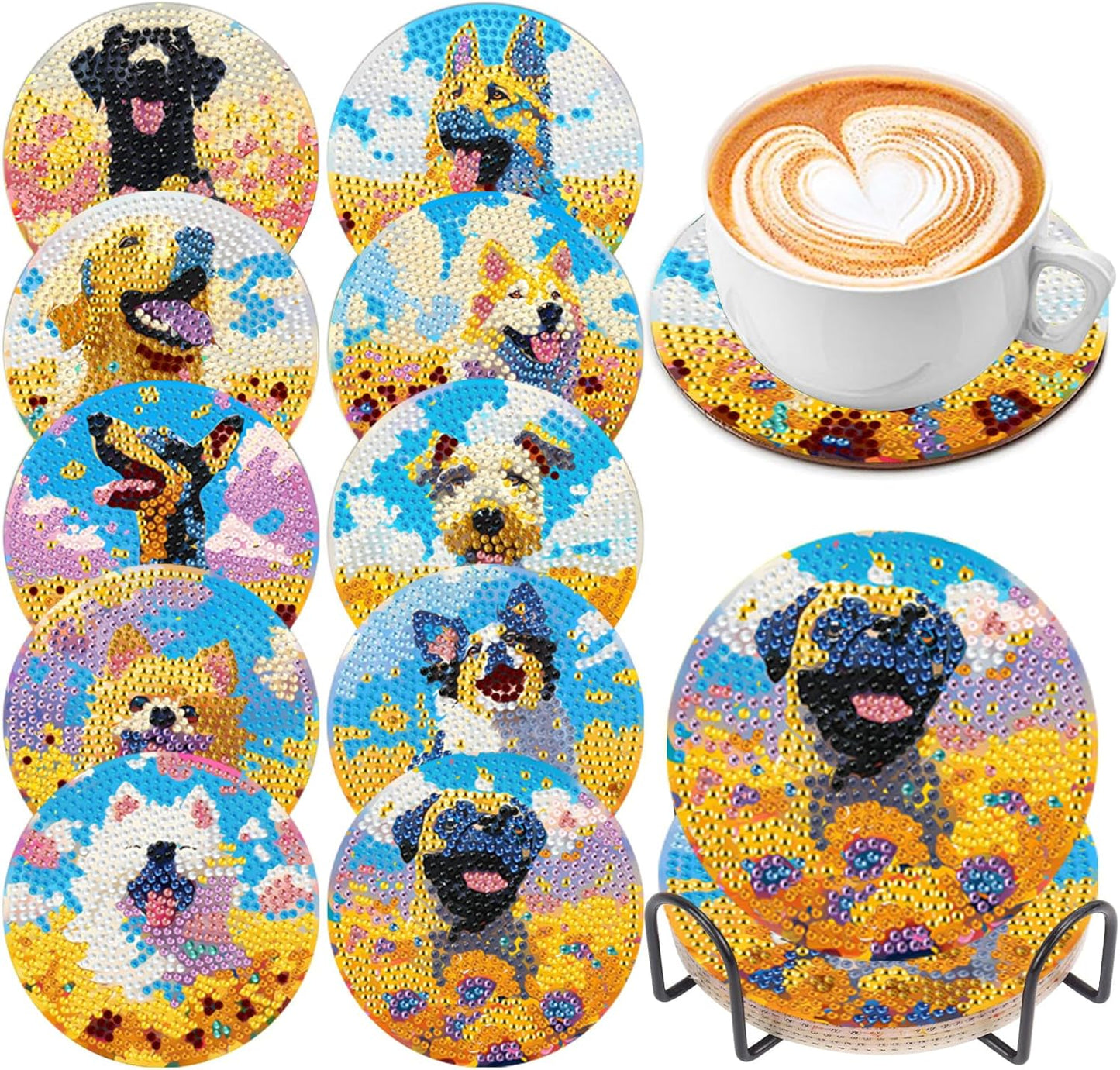 EWJRNSF 10 PCS Diamond Art Coasters Kit, Small Diamond Painting Coasters, Fall Diamond Art Kits for Adults Beginners, Arts and Crafts Supplies Item Sets with Holder Dog