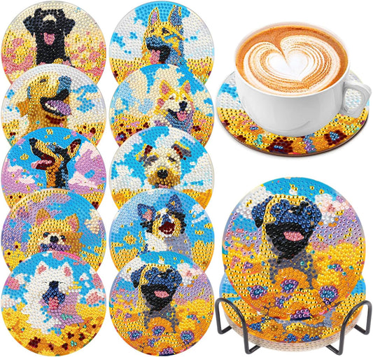 EWJRNSF 10 PCS Diamond Art Coasters Kit, Small Diamond Painting Coasters, Fall Diamond Art Kits for Adults Beginners, Arts and Crafts Supplies Item Sets with Holder Dog