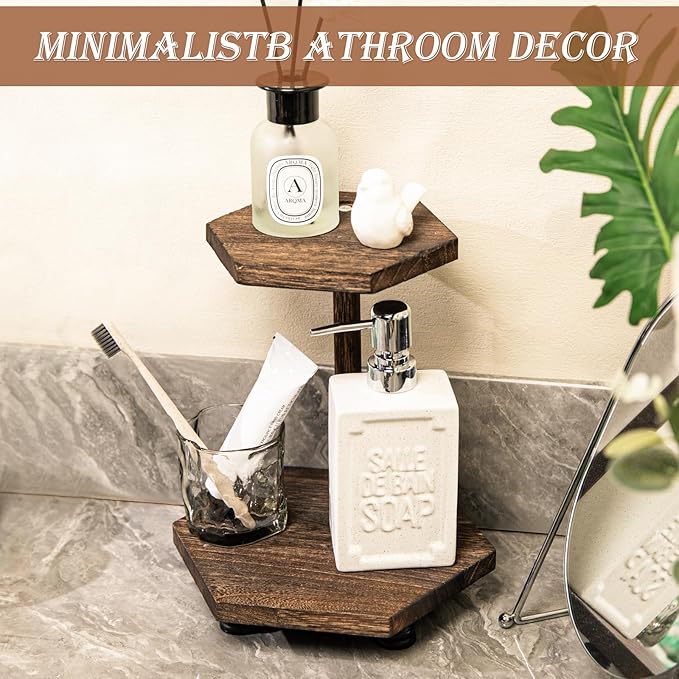 Tikea Hexagonal Wood Riser for Display, 2-Tier Rustic Wood Farmhouse Riser for Kitchen Bathroom Counter Decor, Decorative Tray for Soap Dispenser, Decorations and Plant (Brown)