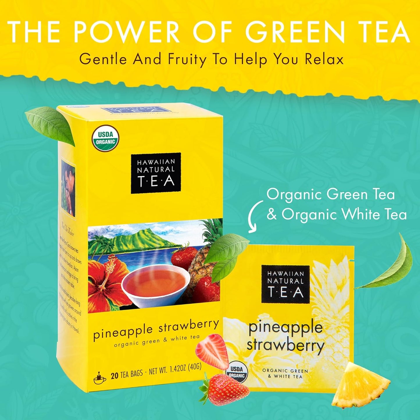 Hawaiian Natural Tea Pineapple Strawberry Flavored Organic Tea - Tropical Fruit Green Tea Blend with White Tea - Perfect Daily Cup & Gift for Tea Lovers - 60 Tea Bags
