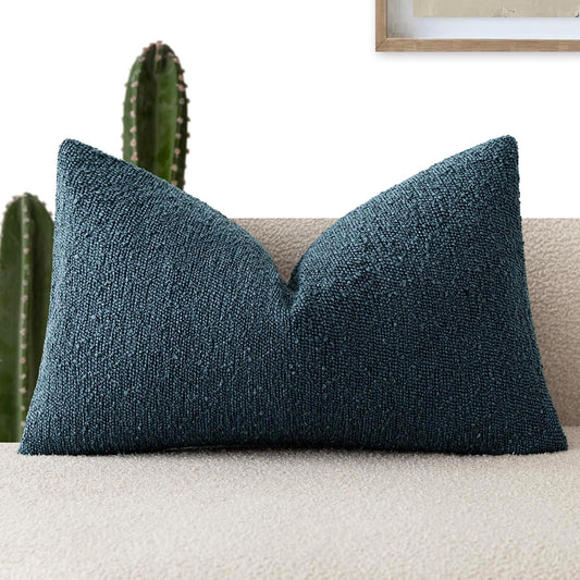 Foindtower Decorative Textured Boucle Throw Pillow Covers Accent Solid Lumbar Pillow Cases Soft Cozy Couch Cushion Case for Chair Sofa Bedroom Living Room Home Decor 12x20 Inch,1PC,Dark Blue