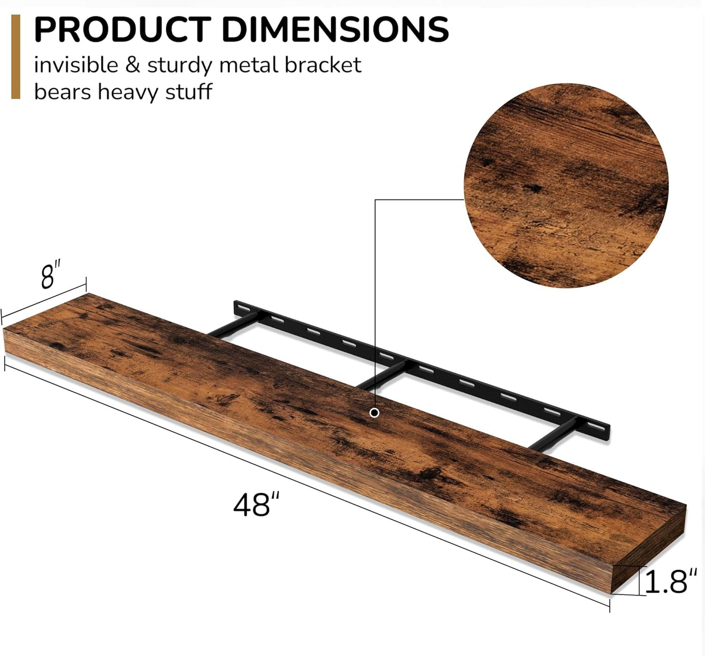 Fun Memories 48 Inch Floating Shelves - Fireplace Mantel Shelf - Deep Wall Mounted Wood Storage Shelf for Bedroom, Kitchen, Farmhouse - 1 Pack, Rustic Brown