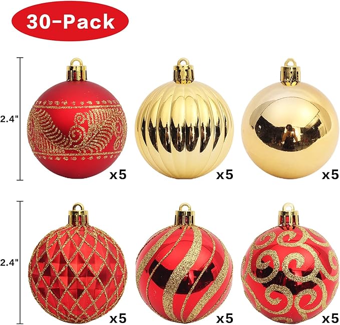 30 pcs Christmas Tree Balls, 2.36" Christmas Ornament Decorations Shatterproof Ornaments Gold and Red Color Painted Christmas Baubles Decorations for Party Wedding Christmas Decor