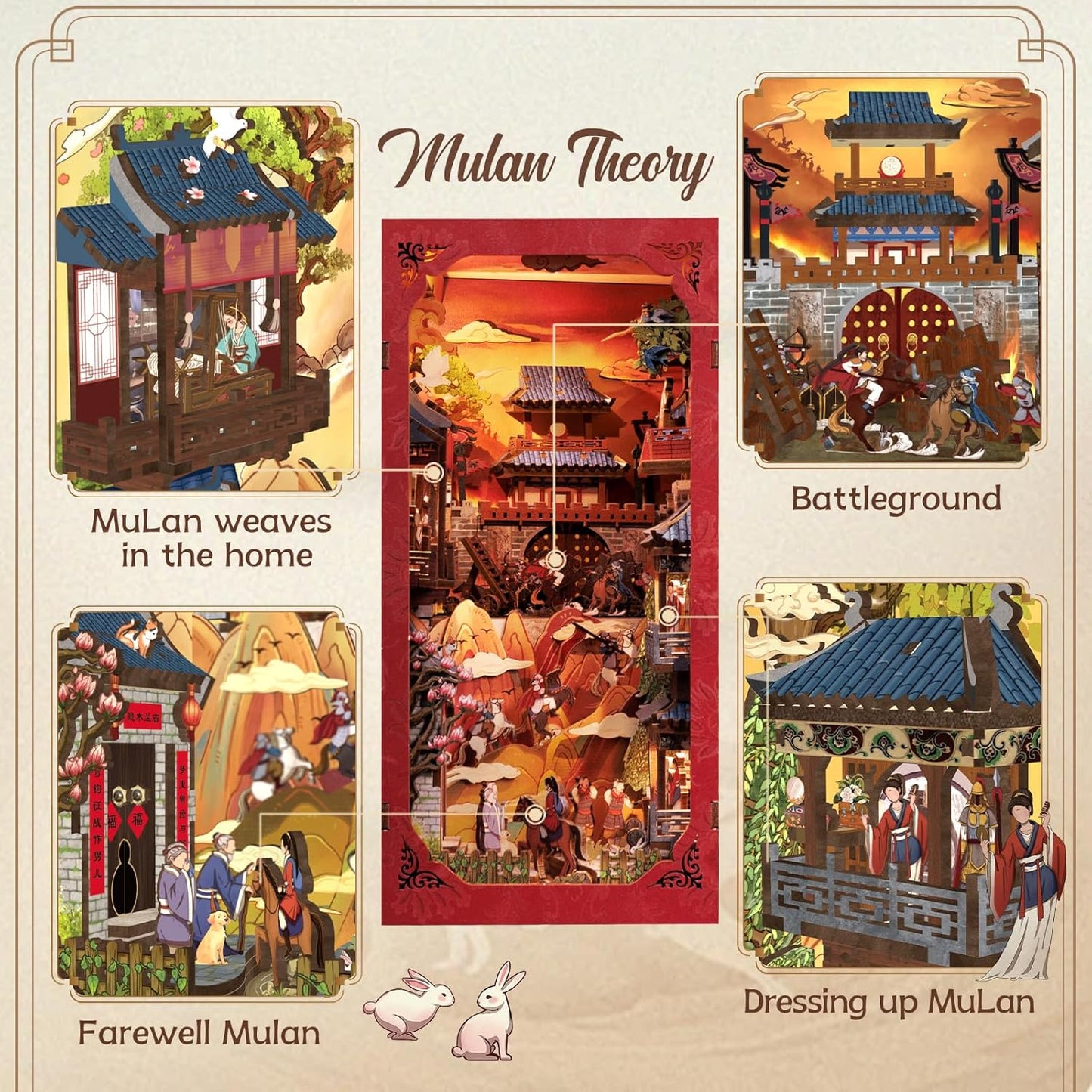 Cutefun Book Nook Kit - DIY Miniature Dollhouse Kit 3D Wooden Puzzle for Adults, Teens, Crafts Gifts for Bookshelf Decor (The Legend of Mulan)