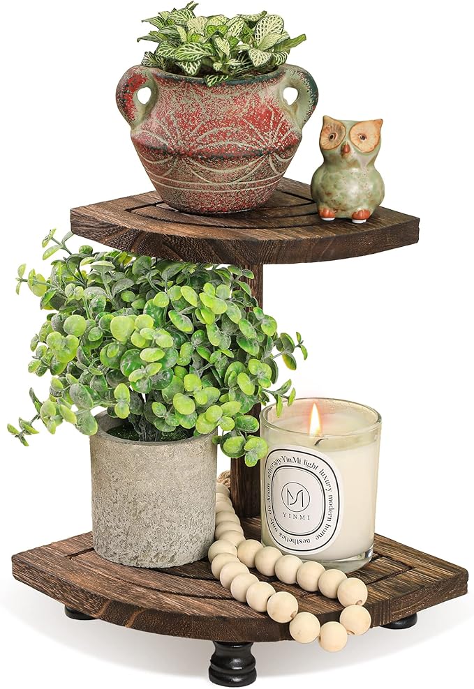 Tikea Decorative Wood Riser for Display, 2-Tier Rustic Corner Shelf for Kitchen Bathroom Counter Decor, Farmhouse Riser for Soap Dispenser and Plant (Brown)