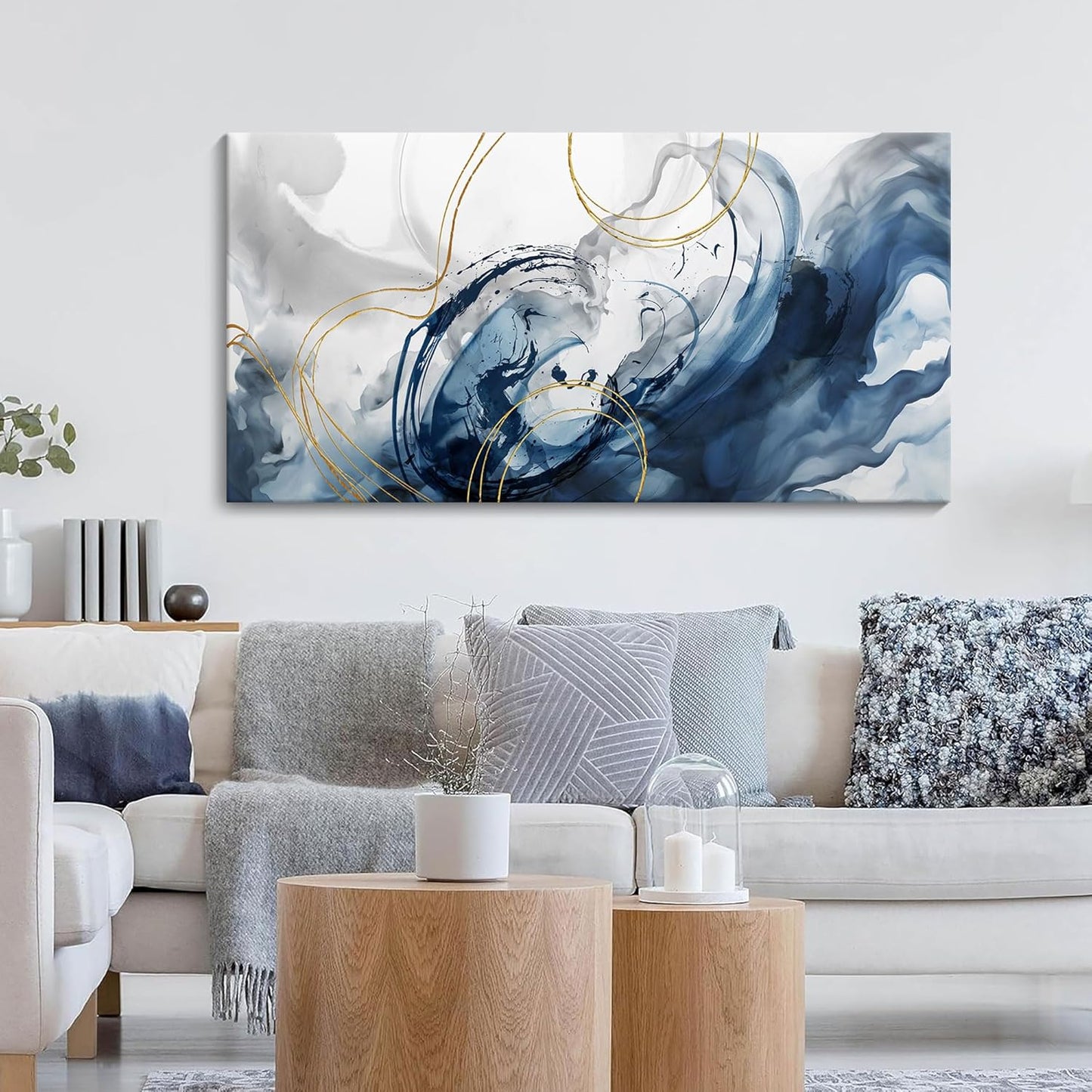 Blue Abstract Wall Art Modern Canvas Art Wall Decor Artwork For Walls Living Room Large Painting Office Pictures For Wall Navy Gold Contempor Decorations For Bedroom Size 20x40