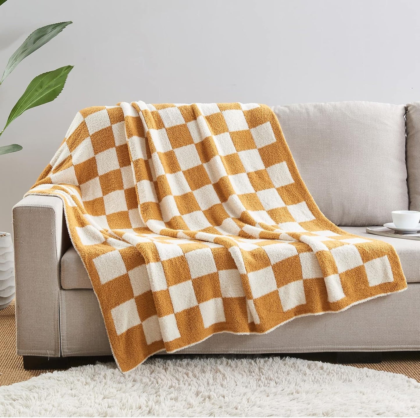 CozeCube Super Soft Fullfy Microfiber Reversible Knitted Blankets, Warm Cozy Fuzzy Plush Throw, Orange and White Checkered Throw Blanket for Couch Bed Sofa, 50" x 60"